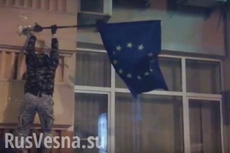 «Оккупанта — геть»: в Киеве посрывали флаги ЕС (ВИДЕО)