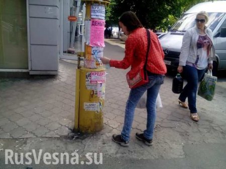 «Вата, забудь про море!» — в Днепропетровске майданщица сорвала 5 кг объявлений об отдыхе в Крыму (ФОТО)