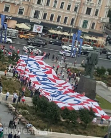 Хорватские болельщики развернули в центре Москвы флаг с надписью «Спасибо, Россия» (ФОТО)