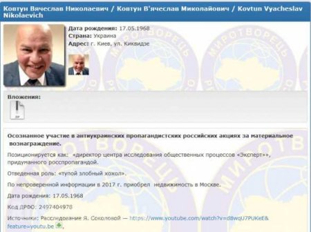 Украинец Ковтун, «живущий» на российском ТВ, попал на Миротворец (ВИДЕО)