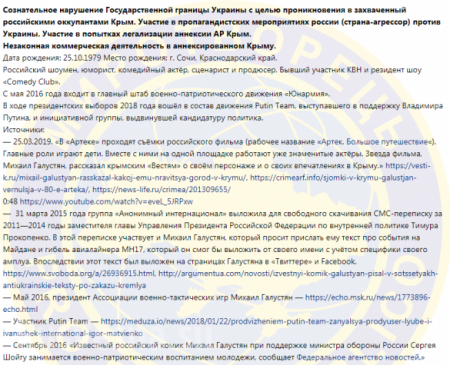 «Враг Украины» Галустян попал на «Миротворец» (ФОТО)